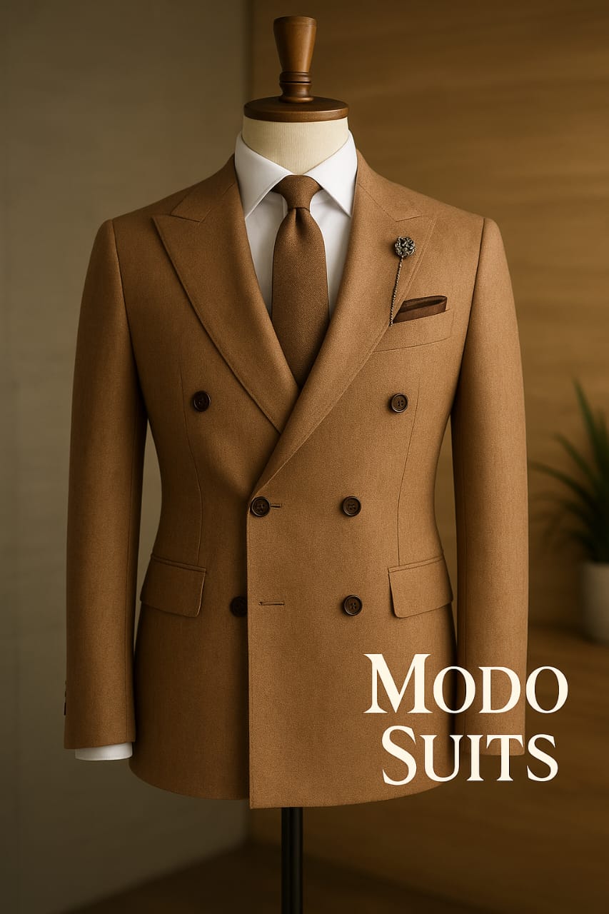 Men's Double-Breasted Peak Lapel Camel Suit Jacket
